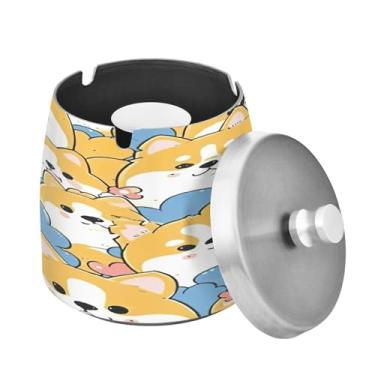 Imagem de Blueangle Lindo cinzeiro Corgi de desenho animado com tampa para cigarros, à prova de vento/à prova de chuva, aço inoxidável, sem fumaça, inodoro, cinzeiro para uso interno ou externo (135)