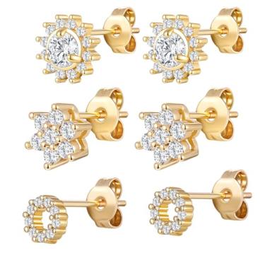 Imagem de Gemsme Conjunto de 3 pares de brincos pequenos de ouro para mulheres/homens, banhados a ouro 18 K, hipoalergênicos, delicados, zircônia cúbica para presente de joias, Latão, Zircônia cúbica
