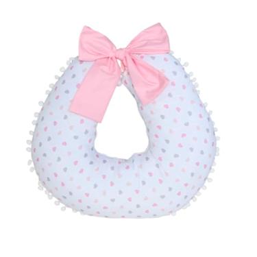 Imagem de Almofada de Amamentação para Bebê Menino Menina Pompom com Enchimento e Zíper 01 Peça (Coração Rosa)