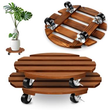 Imagem de Pacote com 2 rolos de suporte para plantas de madeira de 35,5 cm/30,5 cm para plantas internas com rodas, suportes sobre rodas, carrinhos de boneca redondos, resistentes, 5 rodízios de metal com trava