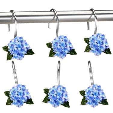 Imagem de Amyhill 12 ganchos decorativos de hortênsia para cortina de chuveiro azul hortênsia anéis de cortina de chuveiro cabide de aço inoxidável resina primavera ganchos temáticos florais para decoração de