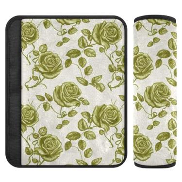 Imagem de Burbuja Capa para cinto de segurança de carro retrô Green Roses Protetor de cinto de segurança de carro macio confortável para alça de ombro de assento, 1 par pequeno