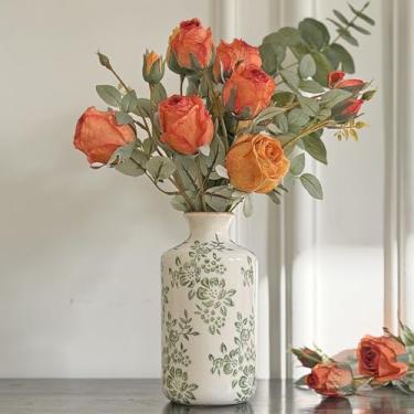 Imagem de Vaso de cerâmica vintage, vaso decorativo floral verde chinoiserie, vaso rústico retrô com acabamento rachado para decoração de casa, sala de estar, centros de mesa, cozinha, escritório, verde-04