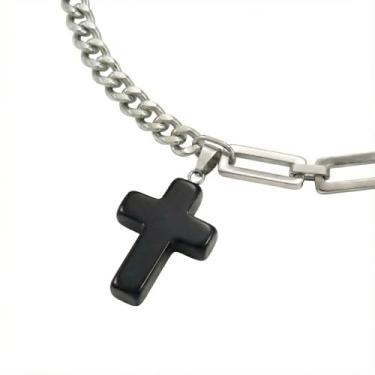 Imagem de DEPHINI Colar de cruz masculino com pedra preciosa obsidiana preta – corrente de elos mistos de aço inoxidável – cubana e clipe de papel – joia com pingente ajustável para ele