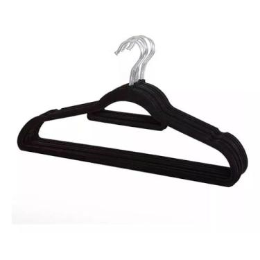 Imagem de Cabide Slim Veludo Preto, 42cm, Antiderrapante, Gancho Giratório Metálico, Ultrafino 5mm, Kit com 10 Unidades