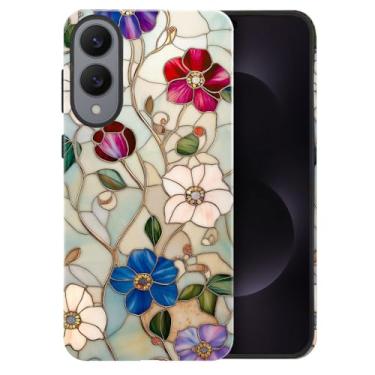 Imagem de heindiy Compatível com Samsung Galaxy S25 Edge, capa brilhante, proteção total, à prova de choque, anti-arranhões, capa de TPU, capas para homem mulher - vintage encantador flor vitral