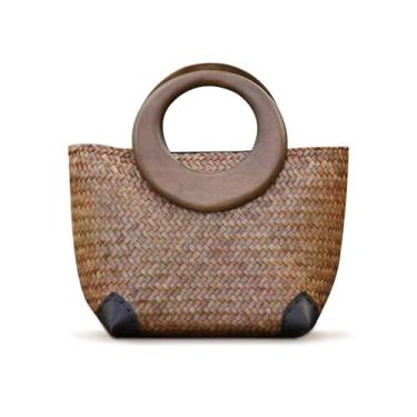 Imagem de QTKJ Bolsa feminina de palha boho tecida à mão para mulheres, bolsa de viagem de vime de praia de verão com alça superior redonda de madeira (Caqui 2), Multicolorido, 9.8''x 4.7''x 6.2''