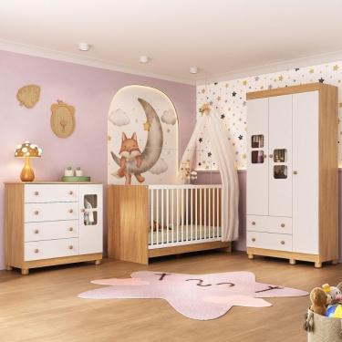Imagem de Quarto De Bebê Completo Com Berço 3 Em 1 Para Colchão 130x60cm Sol Multimóveis MP4526 Madeirado-branco