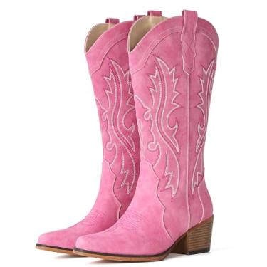 Imagem de IUV Botas de cowboy femininas Western Cowgirl com salto grosso, bico curto, ideal para peito do peito baixo, rosa, 10 Wide