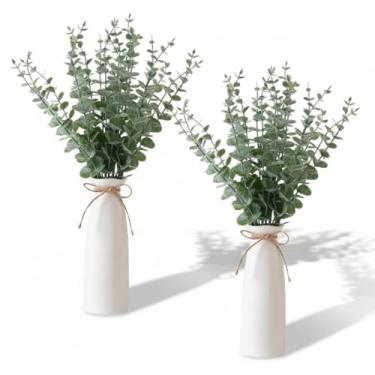 Imagem de LemonRoad Pacote com 2 vasos com vegetação, 40 peças de hastes artificiais de eucalipto em vaso alto de cerâmica branca, 48 cm, decoração de casa, plantas falsas para mesa de casa, mesa central