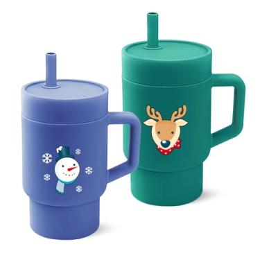 Imagem de DLOCCOLD Copo de canudo de silicone, adorável copo em miniatura com alça de canudo à prova de derramamento, copo de 293 ml, fácil de limpar