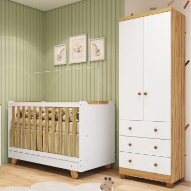 Imagem de Quarto de Bebê com Guarda-roupa 2 Portas e Berço 4 em 1 Minicama em MDF Zuri Móveis Peroba - Branco Brilho/Amendoa