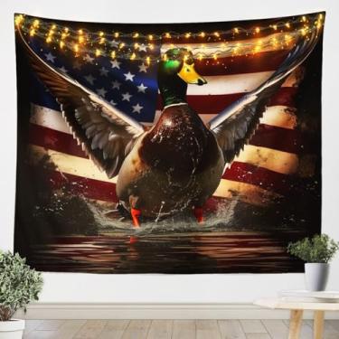 Imagem de Tapeçaria de pato selvagem de caça, arte vintage para pendurar na parede com bandeira americana, cobertor de parede de animais da natureza para decoração de quarto de crianças, meninos, adolescentes