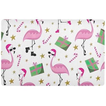 Imagem de TSENQUE Tapete de porta frontal engraçado de flamingo de Natal personalizado, tapete de porta externo, tapete de banheiro absorvente de água antiderrapante, 81 x 50 cm