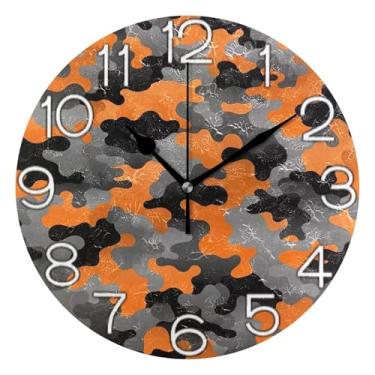 Imagem de GAIGEO Relógio de parede analógico abstrato camuflado preto laranja decorativo sala de aula relógio de escritório estético silencioso sem tique-taque, arte de parede moderna legal decoração de casa
