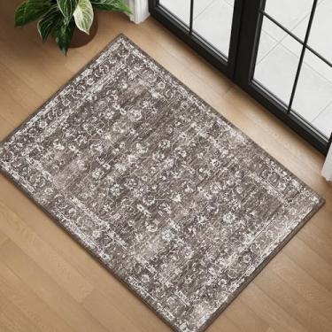 Imagem de Tapete lavável de 7 x 12 cm para entrada, tapetes pequenos Boho neutros para quarto ao lado do tapete, lavanderia, antiderrapante, camada baixa, retrô, ultramacio, tapete de lã sintética, marrom