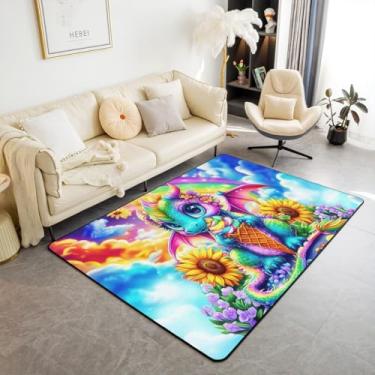 Imagem de Tapete de desenho animado de dragão, 9,5 x 1,5 m, aquarela com flores de girassol, decoração para crianças, adolescentes, adultos, sorvete, sobremesa, céu colorido, tapete decorativo para sala de