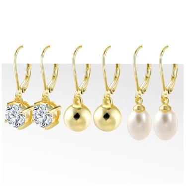 Imagem de Conjunto de 3 pares de brincos femininos de ouro 14 k com fecho de alavanca, zircônia cúbica, pérola, fecho de alavanca, 1, Latão, Sem pedra preciosa