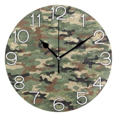 Imagem de GAIGEO Relógio de parede analógico decorativo redondo sem tique-taque silencioso relógio de cozinha rústico, decoração de parede de meados do século sala de estar, camuflagem clássica verde marrom, 25