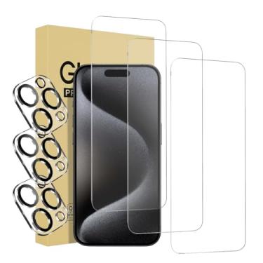 Imagem de Pacote com 3 protetores de tela para iPhone 15 Pro Max [6,7 polegadas] + 3 protetores de lente de câmera, proteção de sensor, compatível com ilha dinâmica, película de vidro temperado compatível com