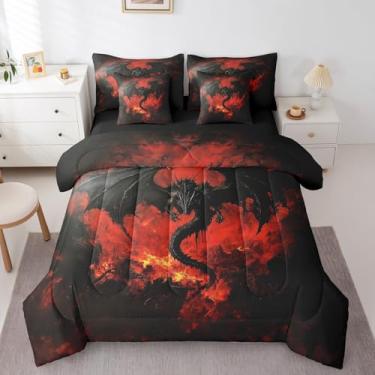 Imagem de Homewish Jogo de cama solteiro com dragão 3D, dragão chama, 7 peças, decoração de quarto de crianças, homens, adolescentes, montanha ardente, preto, animais voadores, 2 fronhas, 2 fronhas