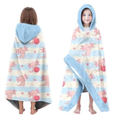 Imagem de Neapth Axolotl Toalha de Praia com Capuz para Meninas, 89 cm x 152 cm Corações Rosa e Estrelas Toalha de Banho Infantil Poncho para Crianças, Azul Claro Macio Absorvente com Capuz para 3-10 Anos