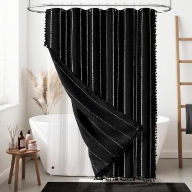 Imagem de BTTN Cortina de chuveiro 3 em 1 com forro, conjunto de cortina de chuveiro listrada de linho boho preto e branco com gancho de plástico, cortina de chuveiro de tecido impermeável para banheiro, 182 x