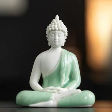 Imagem de FENNYYAR Estátua de Buda Tathagata de porcelana, escultura de templo budista, 11 cm 11 cm, ornamento de alpendre de incenso para sala de estar
