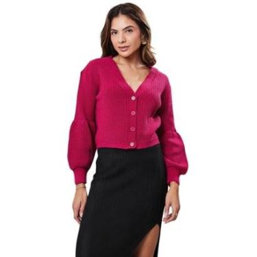 Imagem de Casaquinho de Tricot Feminino Curto Manga Balão Drapeada TR1580 Cor:;Tamanho:GG-Feminino