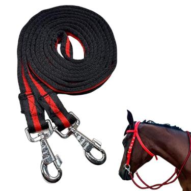 Imagem de Kabahorze Rédeas de cavalo com encaixes, 2,5 cm x 2,5 m, rédea de corda plana para cabeçote de cavalo | Aderência durável, macia e confortável (preto, vermelho e preto)