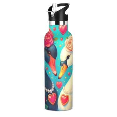 Imagem de Garrafa de água isolada de aço inoxidável de 590 ml com tampa de canudo para bebidas frias ou quentes, preto e branco Swan Love Estético livre de BPA, copos de viagem a vácuo de parede dupla para