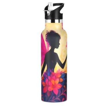 Imagem de Garrafa de água para adolescentes Fairy Pink Wings Flower com tampa de palha, garrafas de água isoladas de aço inoxidável à prova de vazamento, copos infantis livres de BPA para escola, viagens