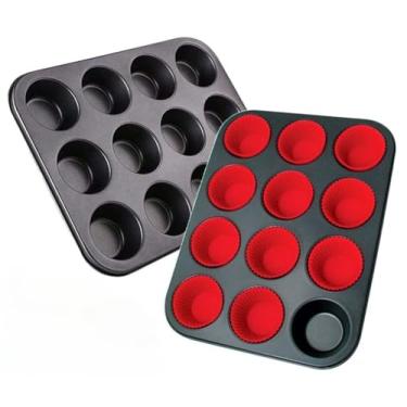 Imagem de Assadeira Cupcake Antiaderente Grande 12 Cavidades Pão de Queijo - Ideal para Pão de Queijo, Muffins, Empadas, Doces e Salgados para Festas(2 Formas 12 Cav. Sem Silicone)