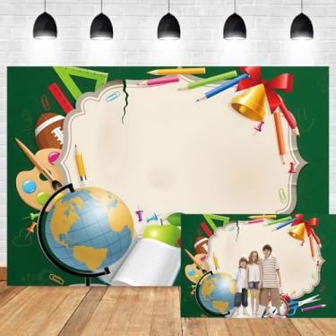 Imagem de OERJU Pano de fundo de fotografia de volta às aulas quadro negro para sala de aula, lápis de cor, globo para fotos, primeiro dia de aula, pano de fundo, quadro negro, professor, aluno, crianças