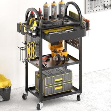 Imagem de Warome Carrinho organizador de ferramentas elétricas com gaveta, carrinho de armazenamento de chão de garagem com rodas para mecânico, prateleira utilitária resistente para rotação de 360°