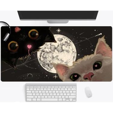 Imagem de Lua Celestial e Gatos Engraçados Estético Grande Gaming Mouse Pad Teclado Mesa Tapete de Mouse Estendido Gaming Decoração de Escritório (90,9 x 39,9 cm) com bordas costuradas antiderrapante grande