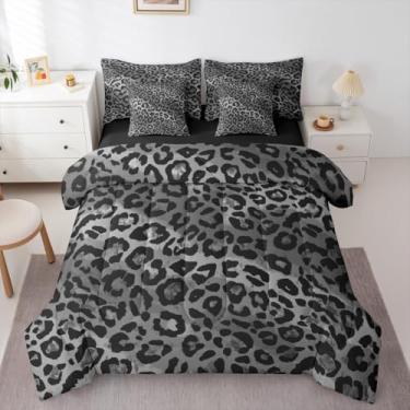 Imagem de Feelyou Conjunto de edredom com estampa de leopardo preto e cinza, 7 peças, lençol de casal com estampa de safári selvagem, para crianças, meninos e meninas, microfibra leve e macia