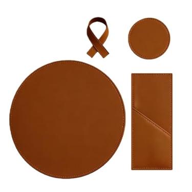 Imagem de Jogo Americano Sousplat em Couro + Porta Copo + Porta Talher e Guardanapo Casa Decoração Restaurante para Casa e Restaurante Brasileiro(KIT COM 4 JOGOS,CARAMELO Redondo)