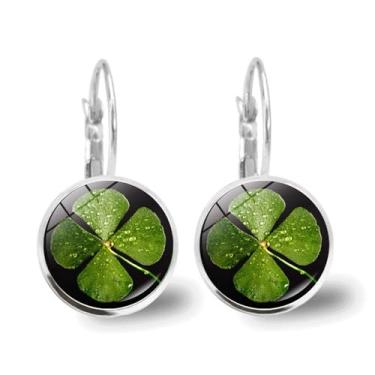 Imagem de Brinco feminino de trevo de quatro folhas para o dia de São Patrício, simples, gota da sorte, delicado, pequeno, pingente de argola, trevo irlandês, trevo verde, flores, acessórios para festivais