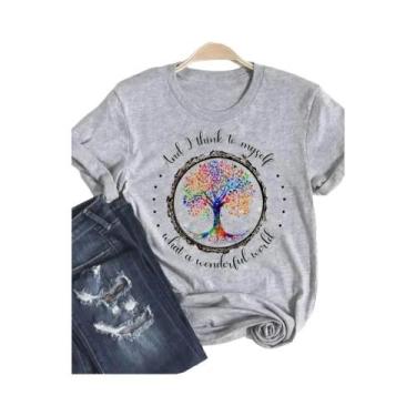 Imagem de Camiseta Vintage Cinza Com Estampa Floral Moda Feminina Verão Manga Cu