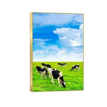Imagem de Quadro dourado arte de parede paisagem impressões em tela - nuvens de pastagem vacas - pintura decorativa - imagens para quarto 50 x 75 cm 20 x 30 pol