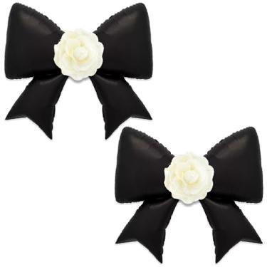 Imagem de Balão de Mylar elegante com laço preto e camélia com decoração de festa de camélia branca, pacote com 4 para festa de aniversário de mulheres (camélia de arco preto elegante 1)
