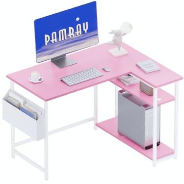 Imagem de Pamray Mesa de computador em forma de L de 101 cm com prateleiras de armazenamento laterais reversíveis, mesa de canto pequena para escritório doméstico, mesa de estudo de escrita PC para quarto, rosa
