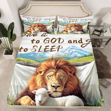 Imagem de Jogo de lençol Queen com estampa de leão e ovelha, versículos bíblicos, cristão, 3 peças, para decoração de quarto de crianças, adolescentes e adultos, lençol com elástico alto, 2 fronhas