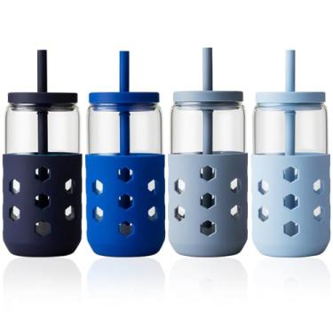 Imagem de Mrsdry Copos de vidro com tampas e canudos (pacote com 4), conjunto de copos de 473 ml com mangas de silicone para acessórios de cafeteria, xícaras de café geladas com tampas, copo de vidro