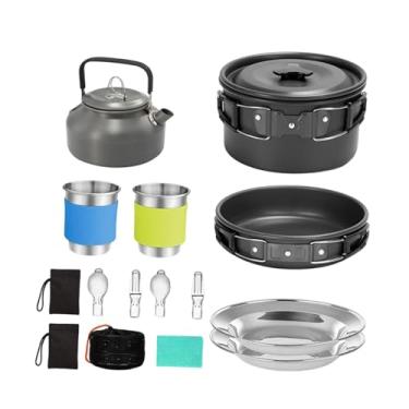 Imagem de harayaa Kit de utensílios de cozinha para camping: panela, frigideira, chaleira, conjunto de cozinha para camping, copos, pratos e garfos para churrasco, Preto