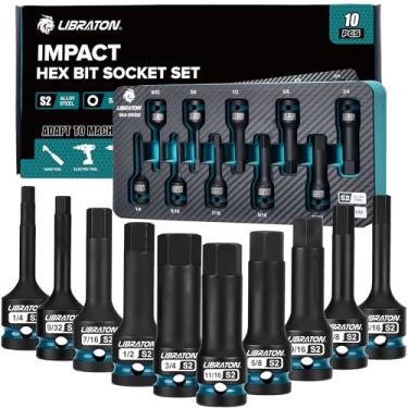 Imagem de LIBRATON Conjunto de soquetes hexagonais de impacto, 1/5.1 cm Dr, aço S2, 10 peças de soquetes de alto torque (SAE 1/10.2 cm-3/10.2 cm) para mecânicos profissionais e reparo automotivo (caixa de