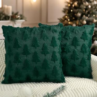 Imagem de Artmag Capas de almofada de Natal 66 x 66 cm conjunto de 2 fronhas verdes de árvore de Natal de pelúcia sintética para decoração de sofá de inverno