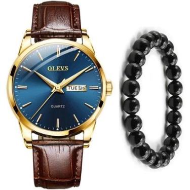 Imagem de Kit Relógio Masculino Em Couro Dourado + Pulseira Bolinha-Masculino