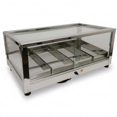 Imagem de Estufa Elétrica Vitrine Aquecedora de Alimentos, 4 Bandejas Quadradas, Design Inclinado, Estrutura em Aço Inoxidável com Vidros Retos, 55x32x22 cm (110, Volts)